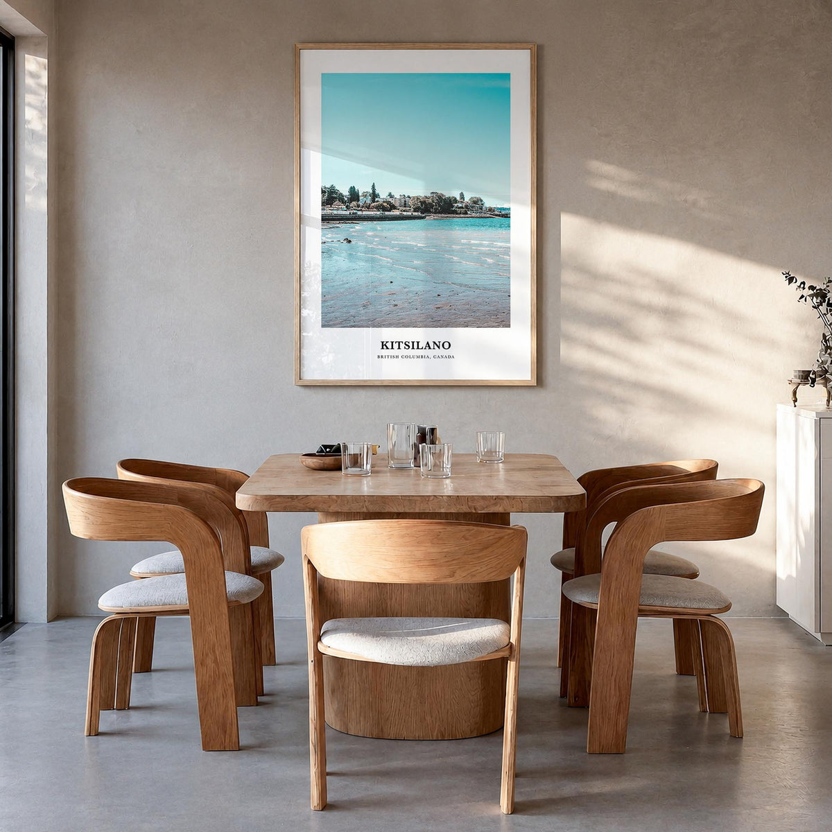 Kitsilano colorful classic poster of Vancouver, British Columbia – vertical wall art in natural wood frame, hanging on wall