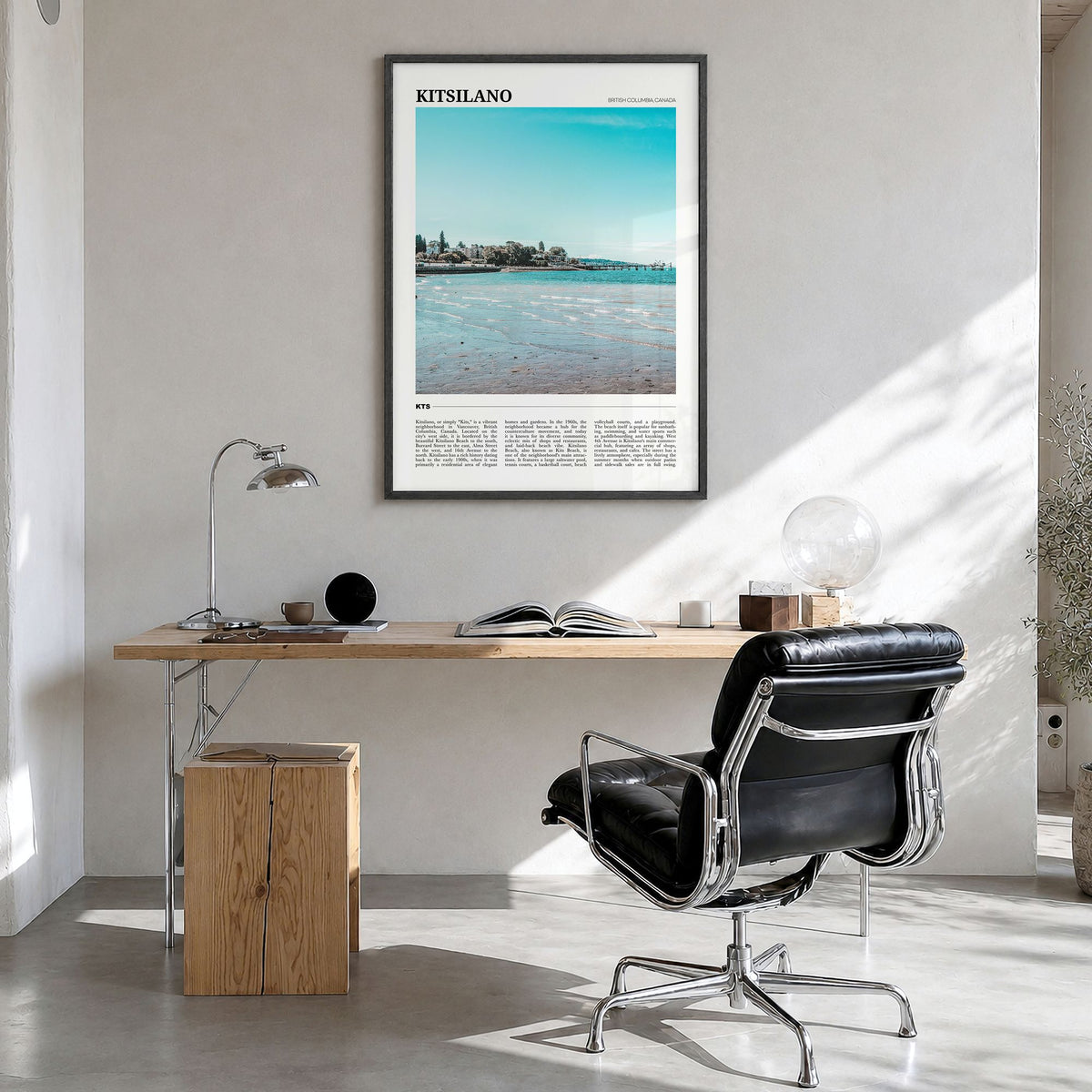Kitsilano Travel Poster in a black wood frame, hanging in a bright home office