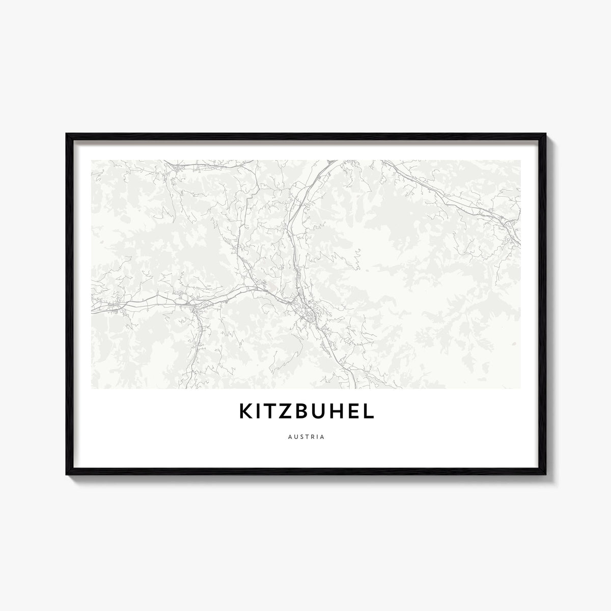 Kitzbühel black & white map poster of Austria – horizontal wall art, unframed print shown in interior mockup
