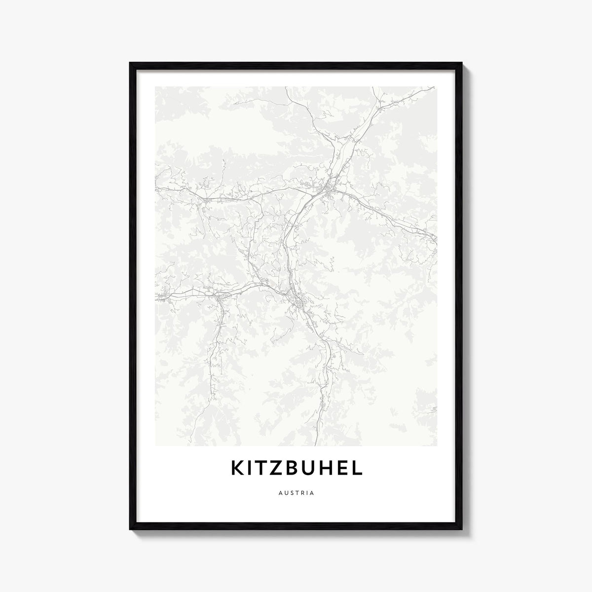 Kitzbühel black & white map poster of Austria – vertical wall art, unframed print shown in interior mockup