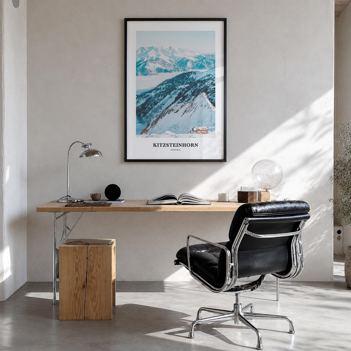 Kitzsteinhorn colorful classic poster of Austria – vertical wall art in black wood frame, hanging on wall