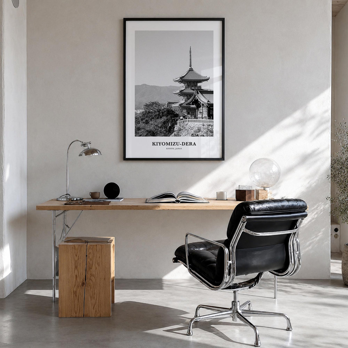 Kiyomizu-dera black & white classic poster of Japan – vertical wall art in black wood frame, hanging on wall