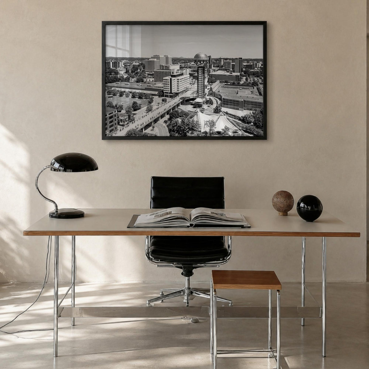 Knoxville black & white photo poster of Tennessee, USA – horizontal wall art in black wood frame, hanging on wall