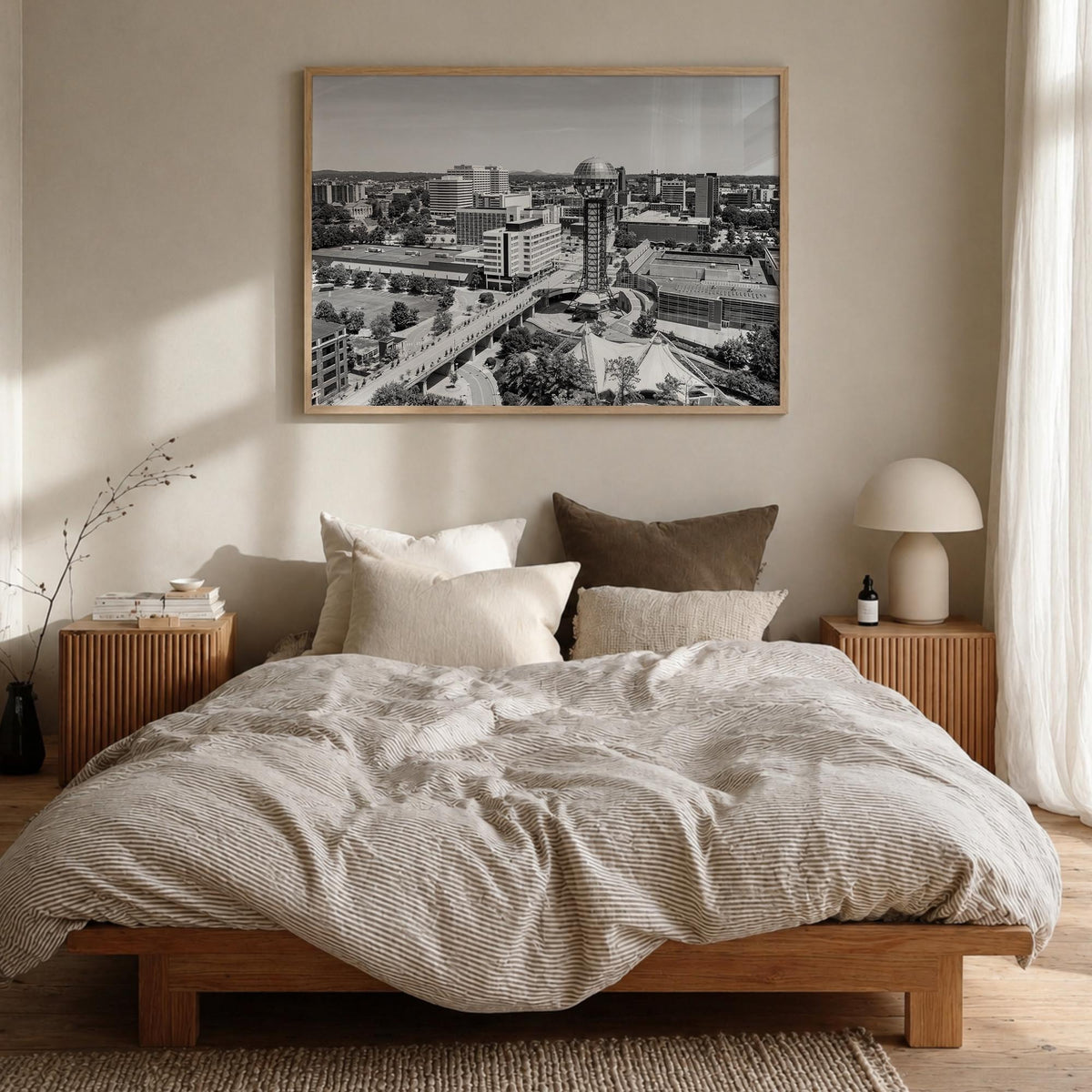 Knoxville black & white photo poster of Tennessee, USA – horizontal wall art in natural wood frame, hanging on wall
