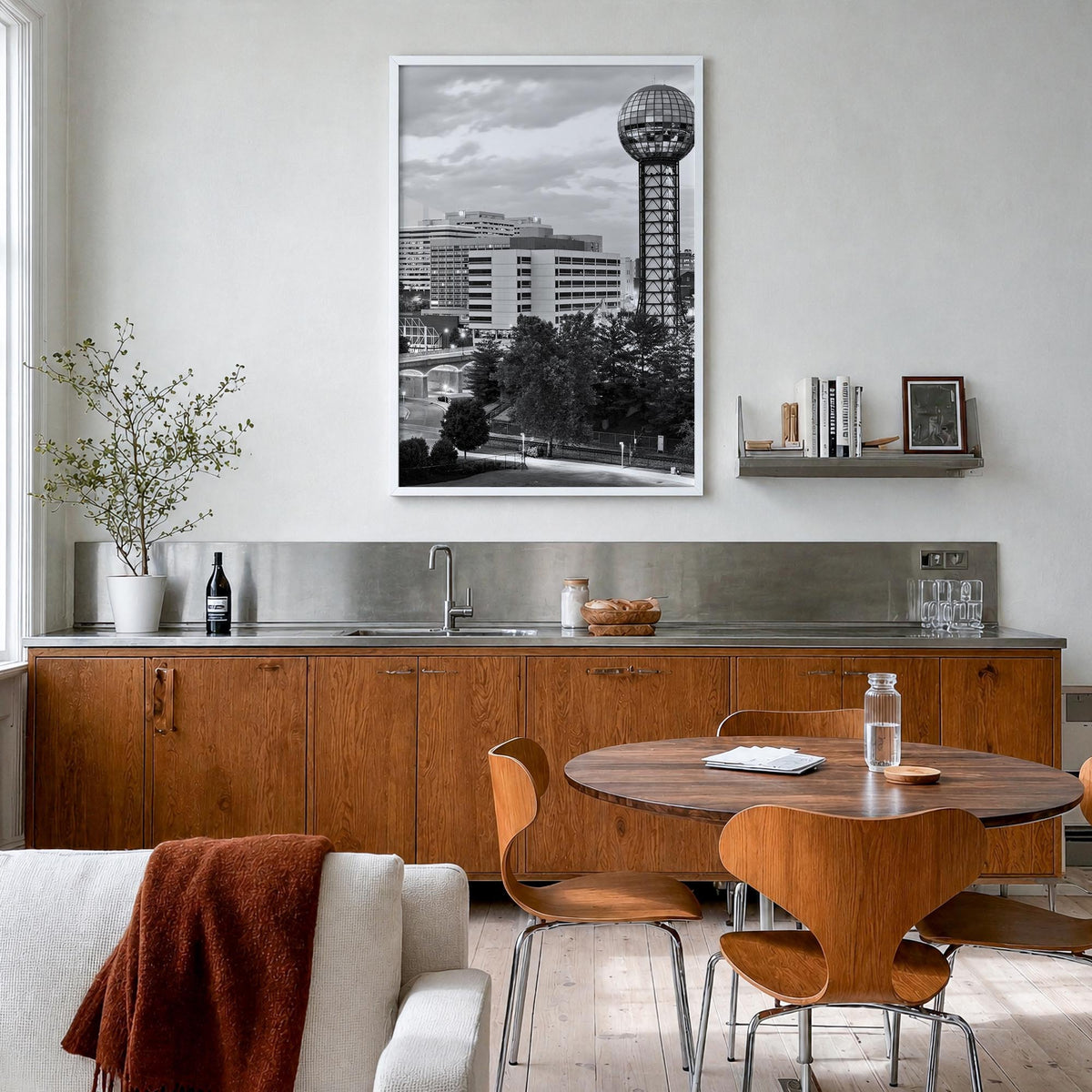 Knoxville black & white photo poster of Tennessee, USA – vertical wall art in white wood frame, hanging on wall