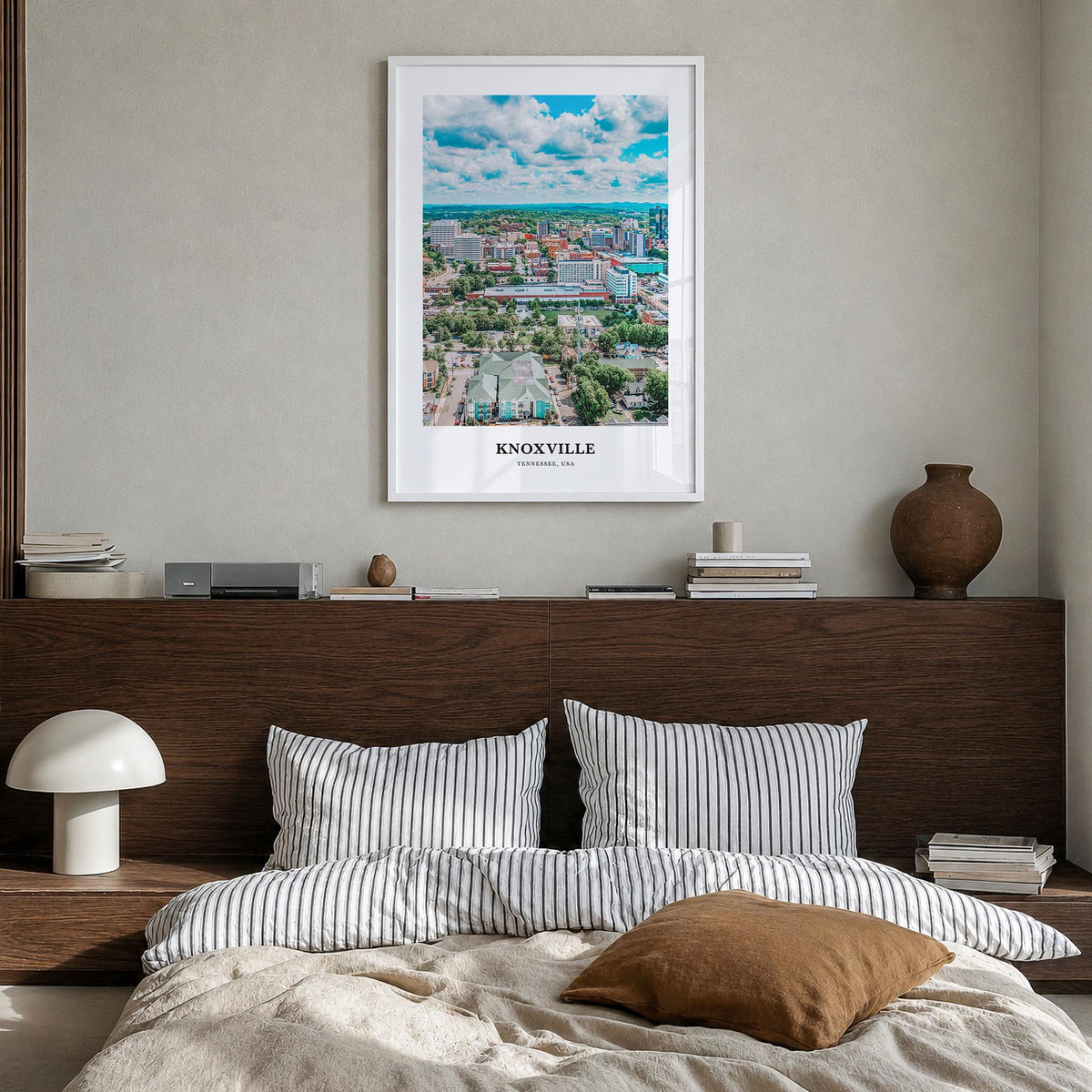 Knoxville colorful classic poster of Tennessee, USA – vertical wall art in white wood frame, hanging on wall