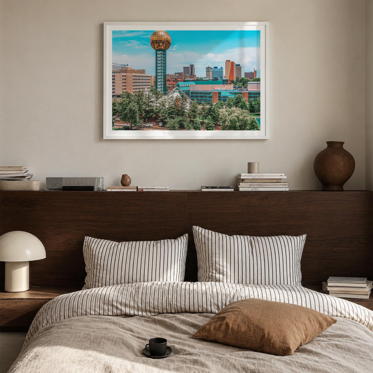 Knoxville colorful photo poster of Tennessee, USA – horizontal wall art in white wood frame with white border, hanging on wal