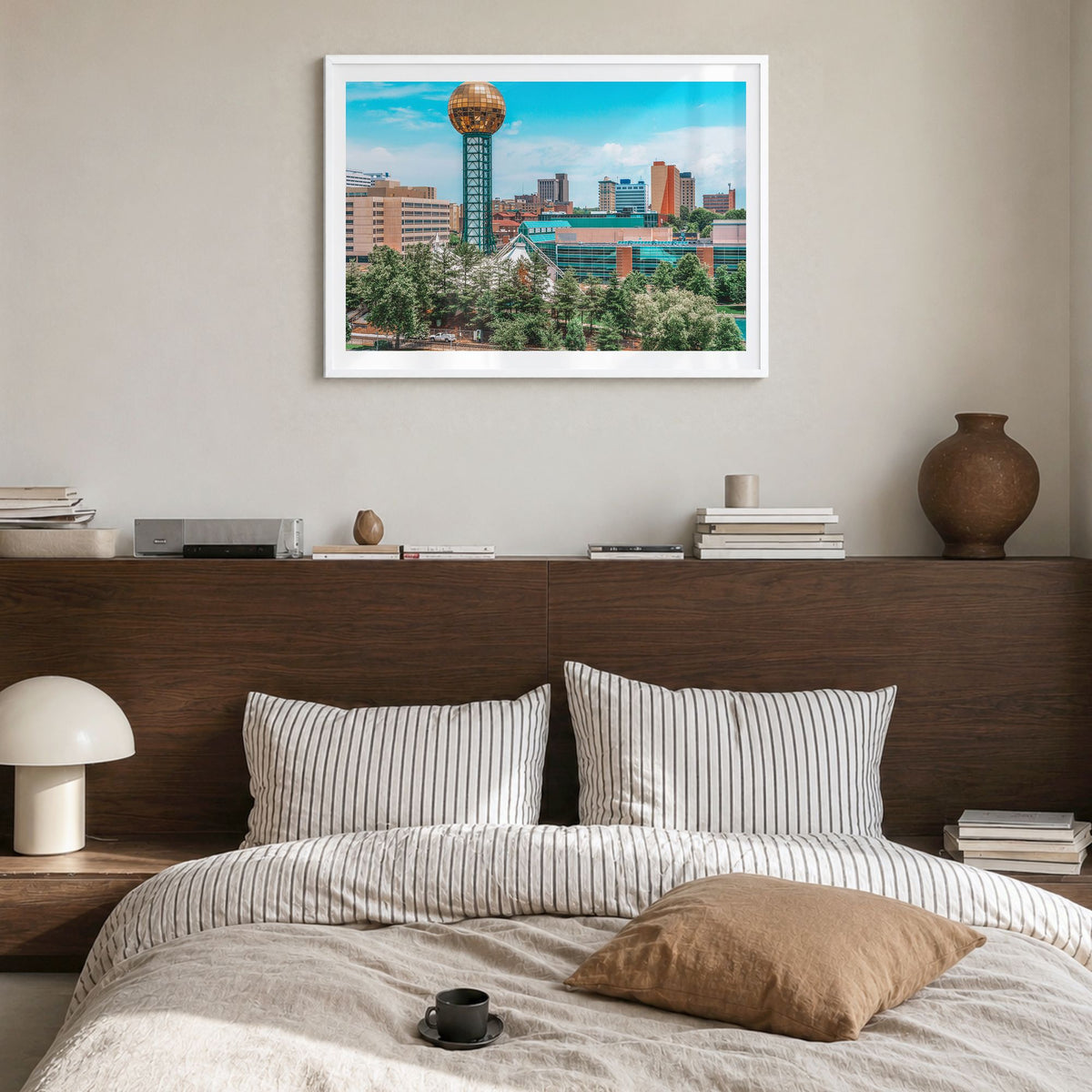 Knoxville Photo Poster in a white wood frame, hanging in a bedroom, white border