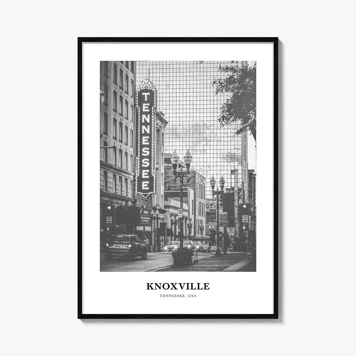 Knoxville no. 1 black & white classic poster of Tennessee, USA – vertical wall art, unframed print shown in interior mockup