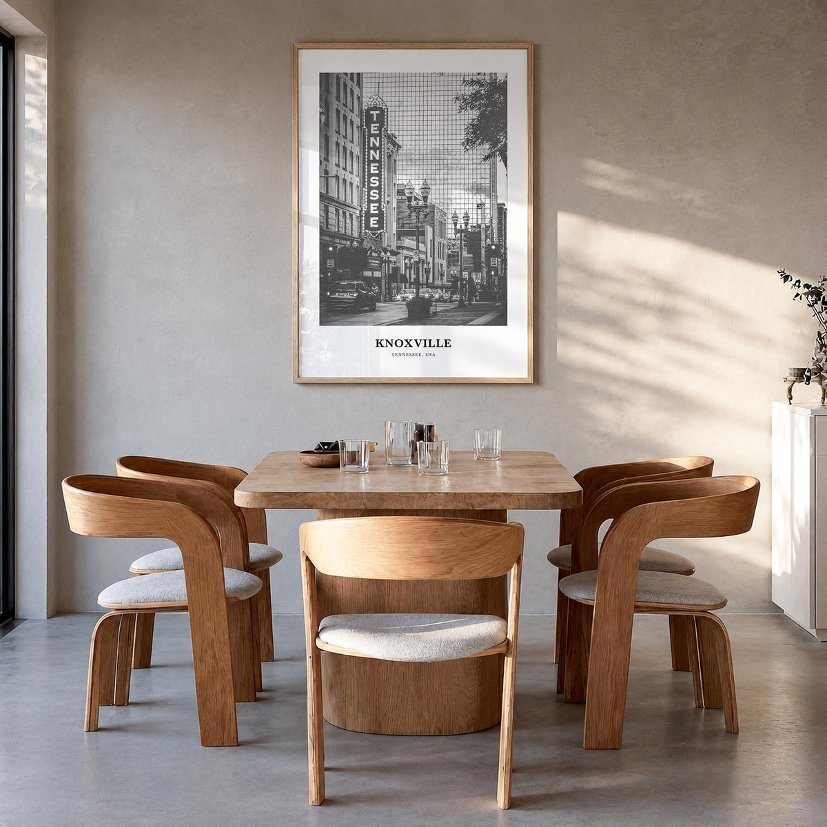 Knoxville no. 1 black & white classic poster of Tennessee, USA – vertical wall art in natural wood frame, hanging on wall