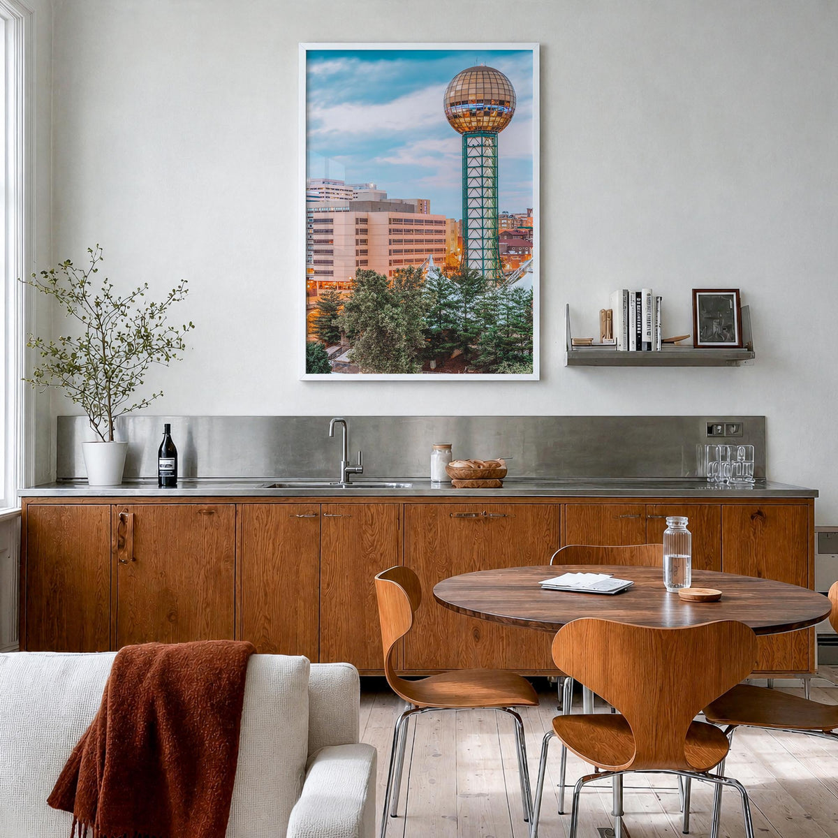 Knoxville no. 1 colorful photo poster of Tennessee, USA – vertical wall art in white wood frame, hanging on wall