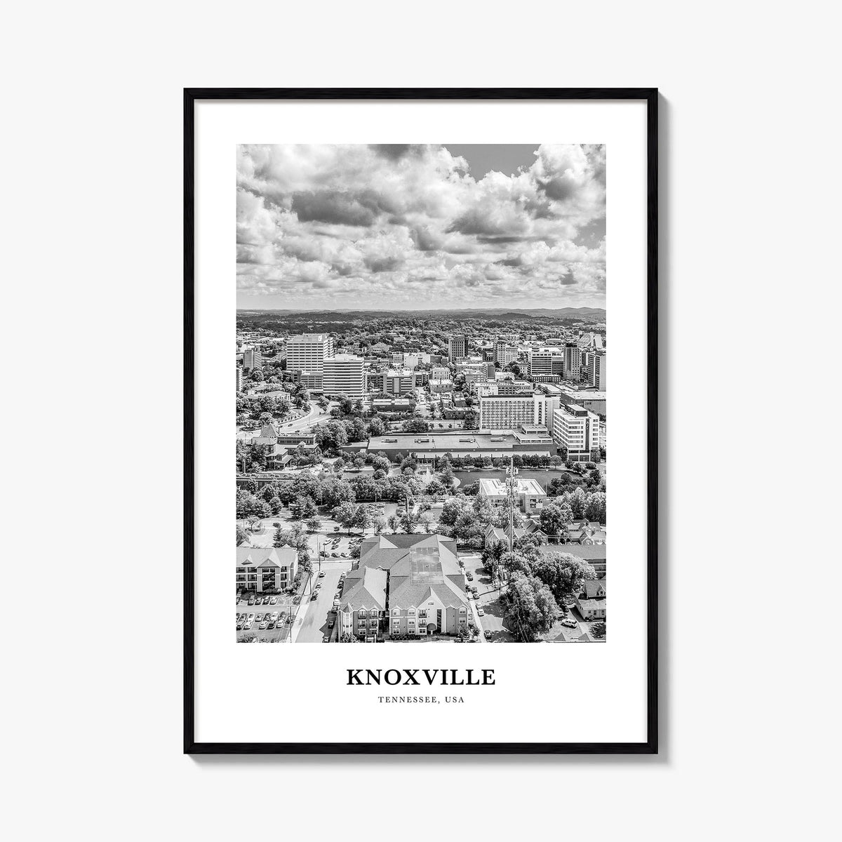 Knoxville no. 2 black & white classic poster of Tennessee, USA – vertical wall art, unframed print shown in interior mockup