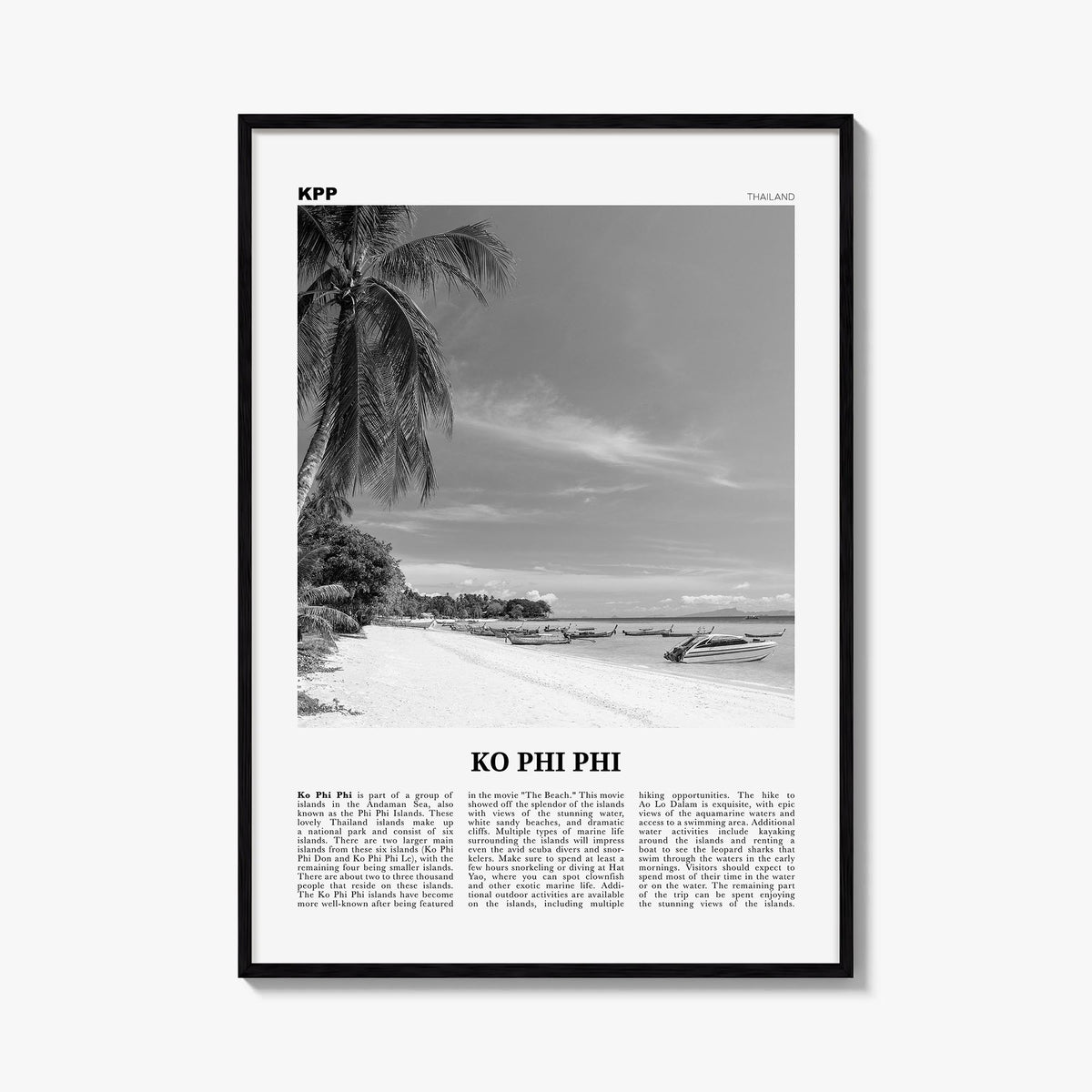Phi Phi Islands no. 1 black & white newspaper poster of Thailand – vertical wall art, unframed print shown in interior mockup