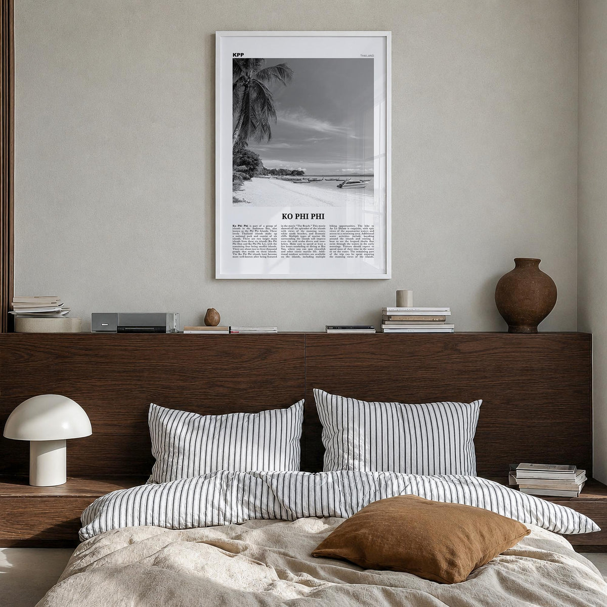 Phi Phi Islands no. 1 black & white newspaper poster of Thailand – vertical wall art in white wood frame, hanging on wall