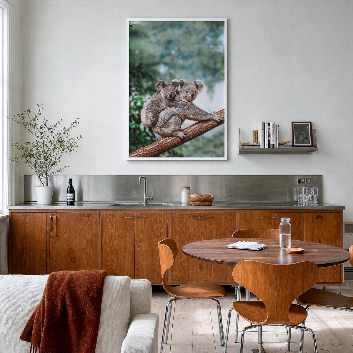 Koala colorful photo poster – vertical wall art in white wood frame, hanging on wall