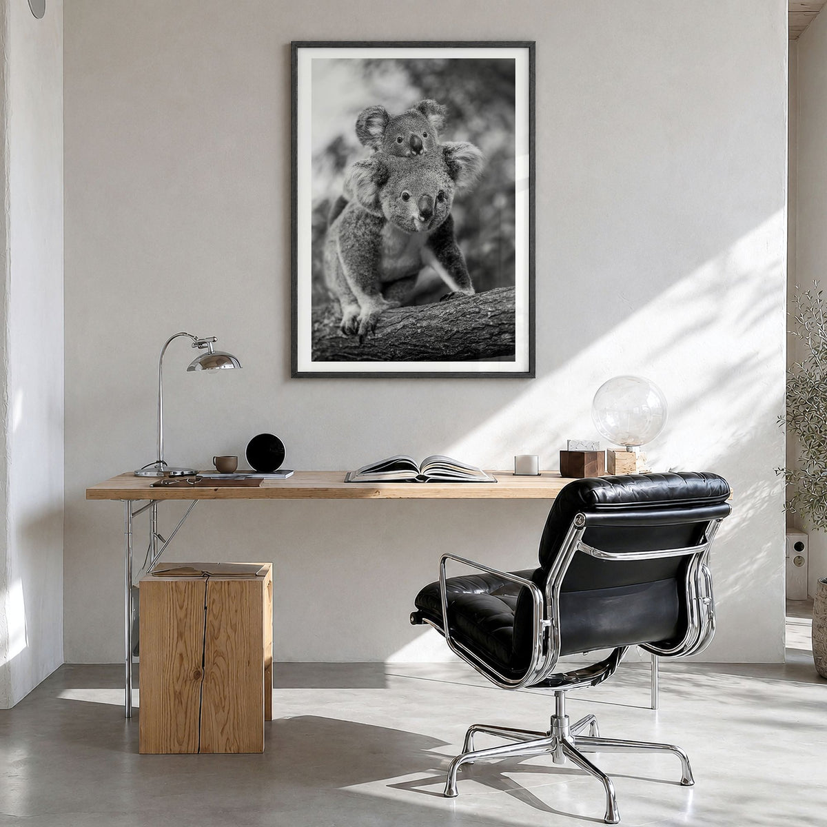 Koala Photo No 2 Poster in a black wood frame, hanging in a bright home office, white border