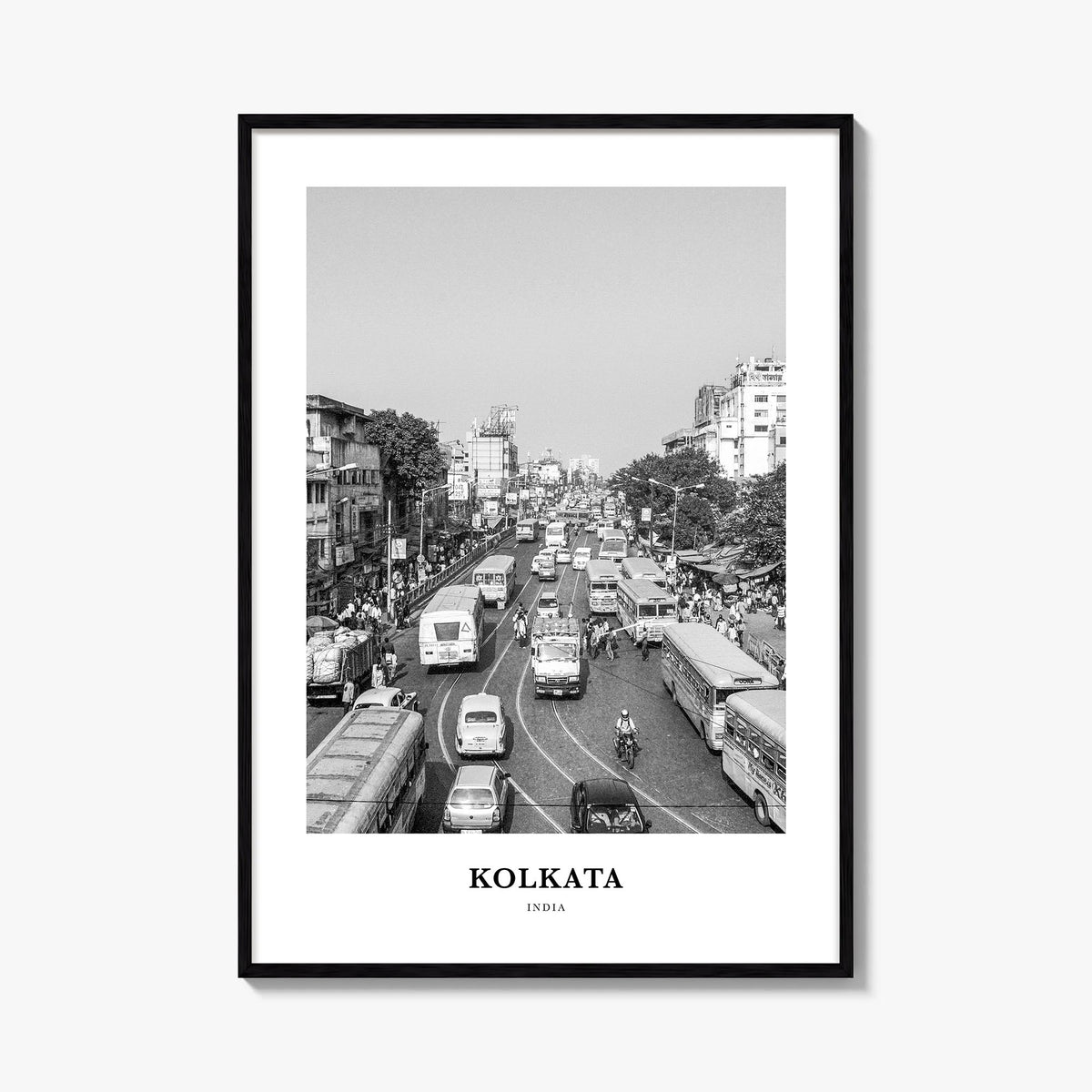 Kolkata black & white classic poster of India – vertical wall art, unframed print shown in interior mockup