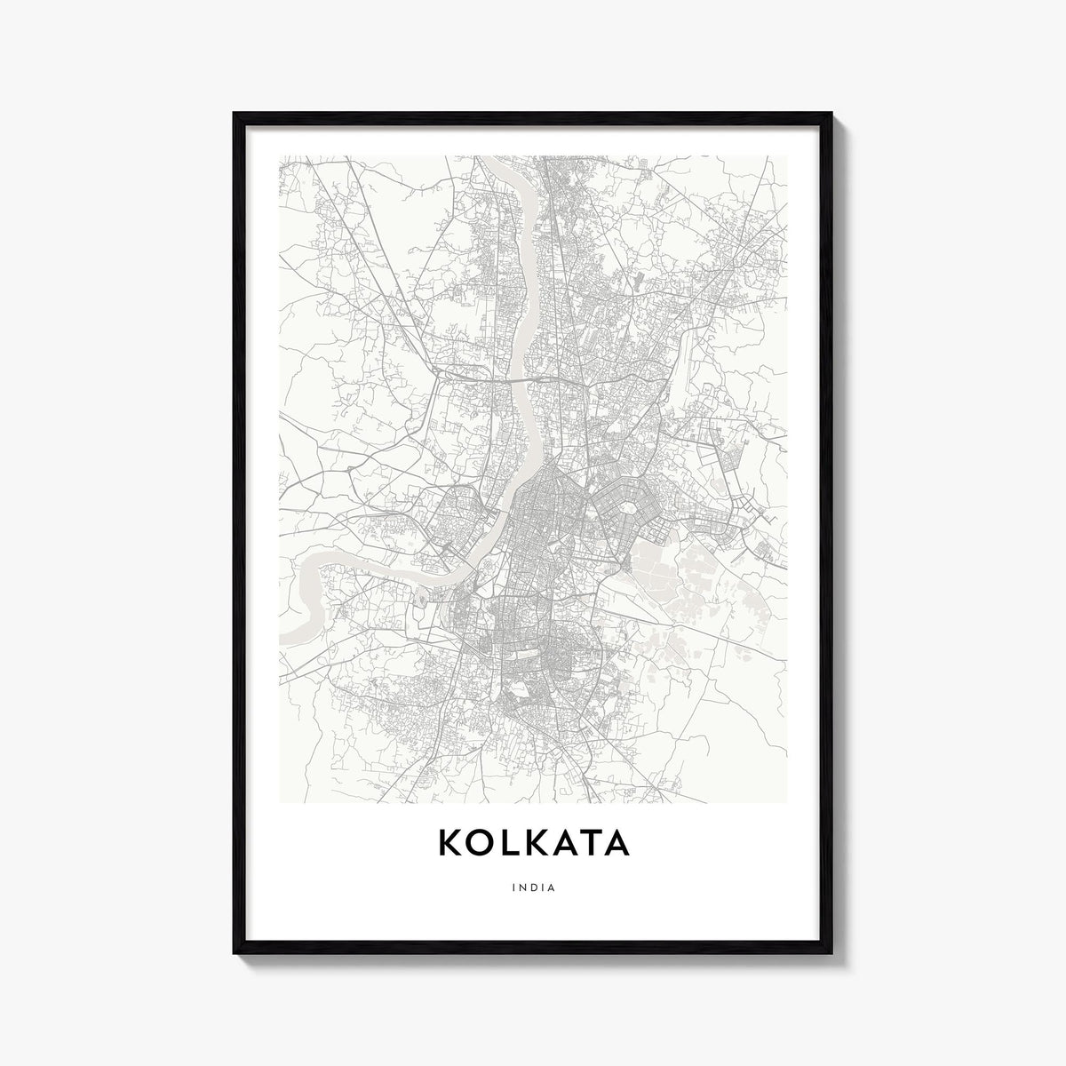 Kolkata black & white map poster of India – vertical wall art, unframed print shown in interior mockup