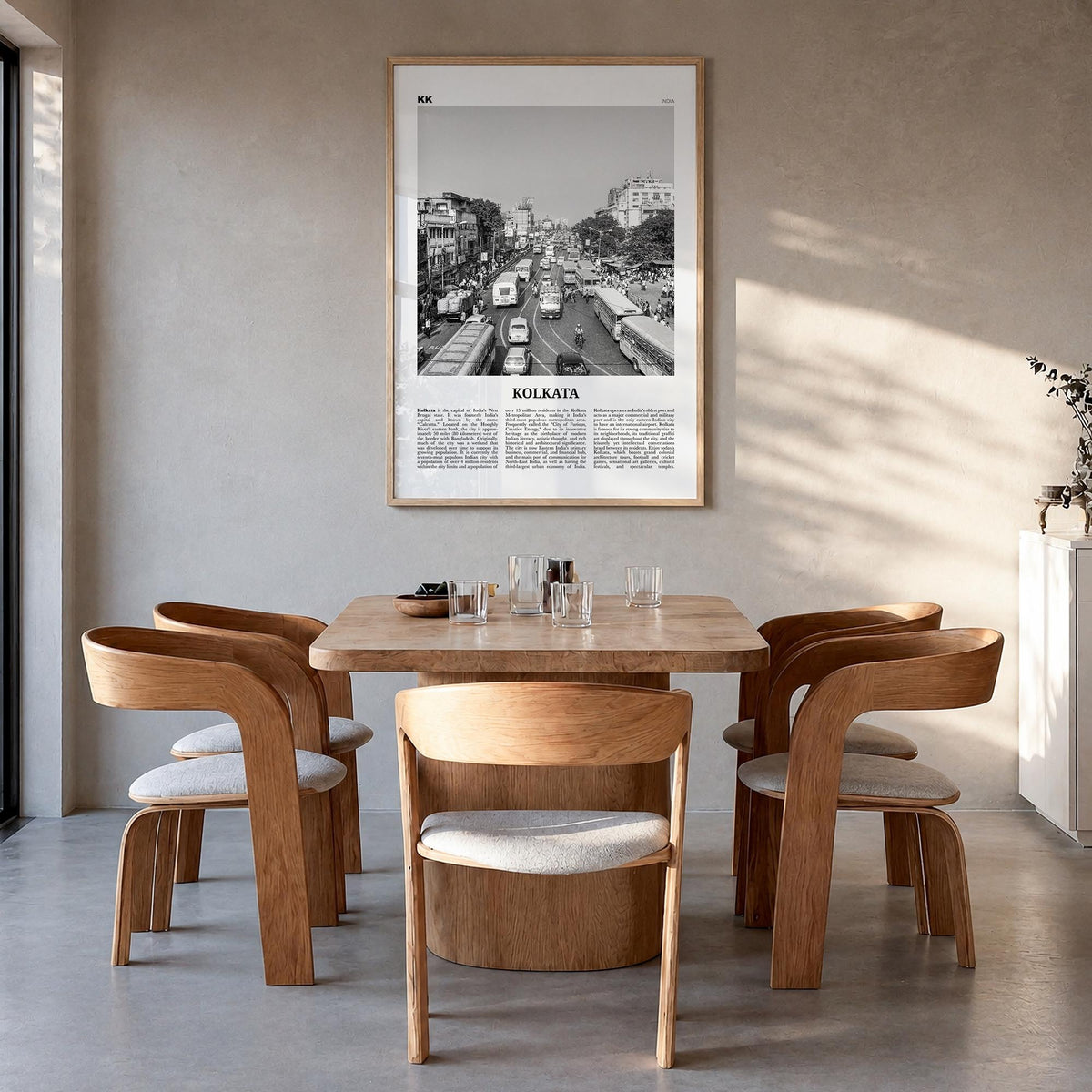 Kolkata black & white newspaper poster of India – vertical wall art in natural wood frame, hanging on wall