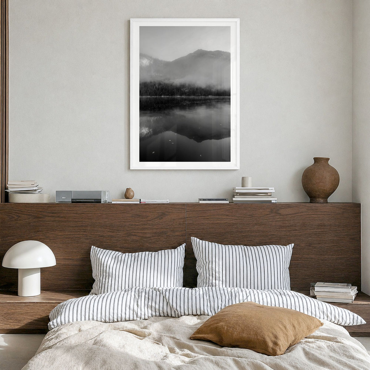 Königssee Photo Poster in a white wood frame, hanging in a bedroom, white border