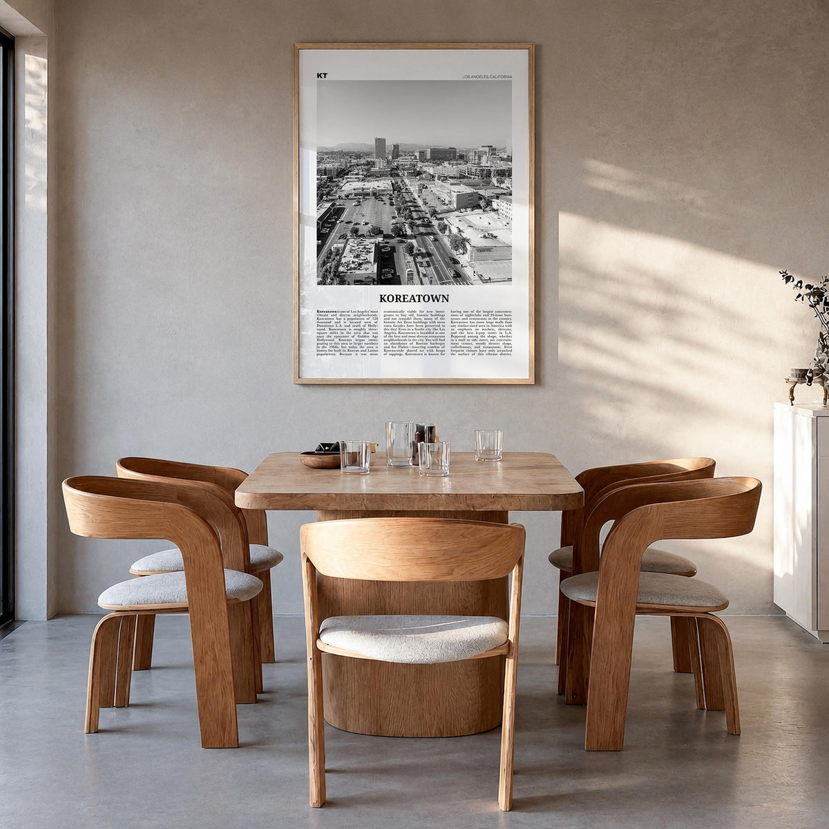 Koreatown, Los Angeles black & white newspaper poster of California, USA – vertical wall art in natural wood frame, hanging o