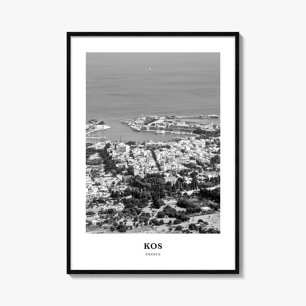 Kos black & white classic poster of Greece – vertical wall art, unframed print shown in interior mockup