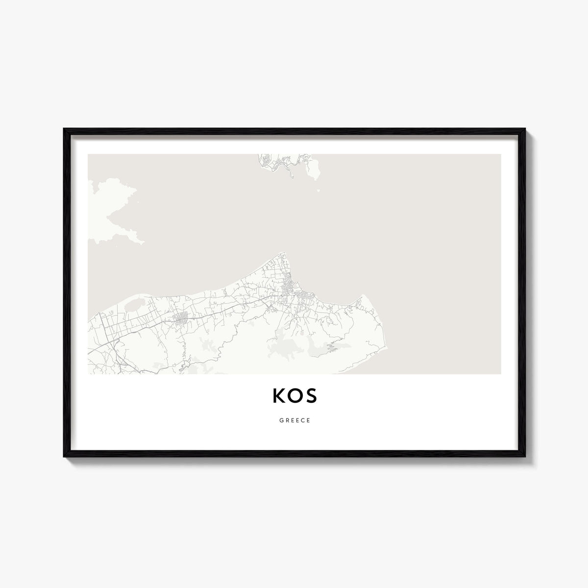 Kos black & white map poster of Greece – horizontal wall art, unframed print shown in interior mockup