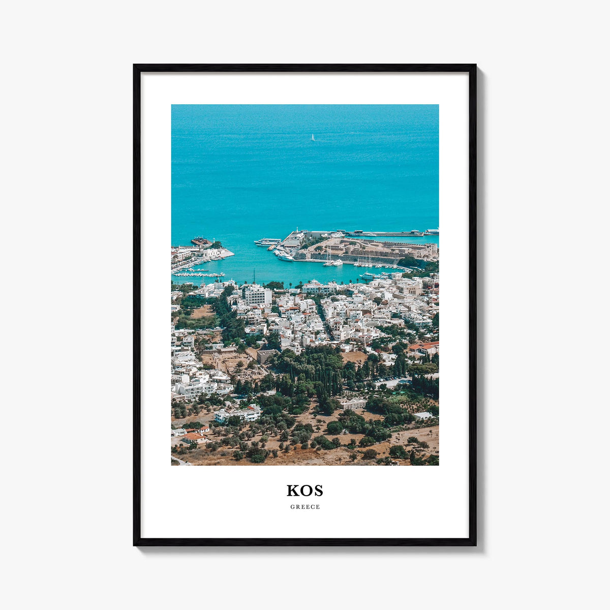Kos colorful classic poster of Greece – vertical wall art, unframed print shown in interior mockup