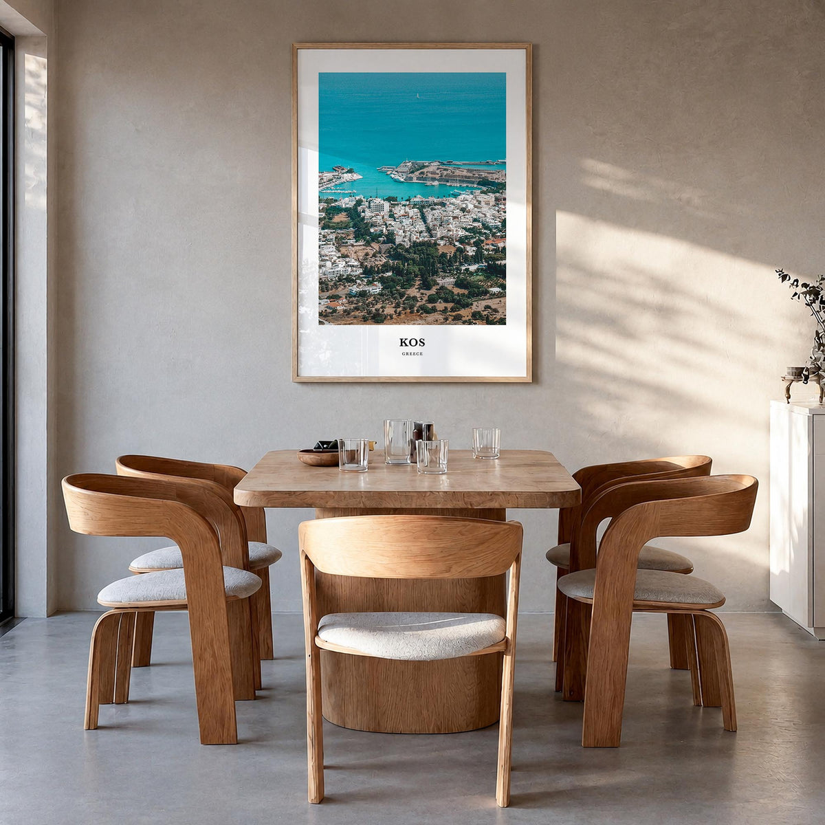 Kos colorful classic poster of Greece – vertical wall art in natural wood frame, hanging on wall