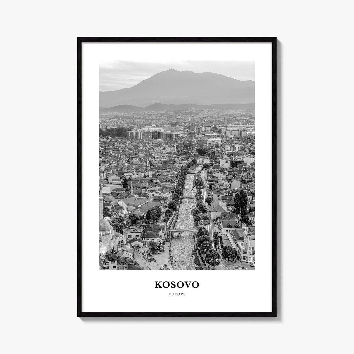 Kosovo black & white classic poster of Europe – vertical wall art, unframed print shown in interior mockup