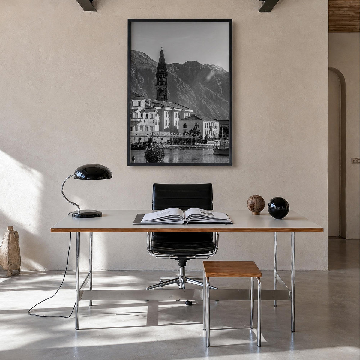 Kotor black & white photo poster of Montenegro – vertical wall art in black wood frame, hanging on wall