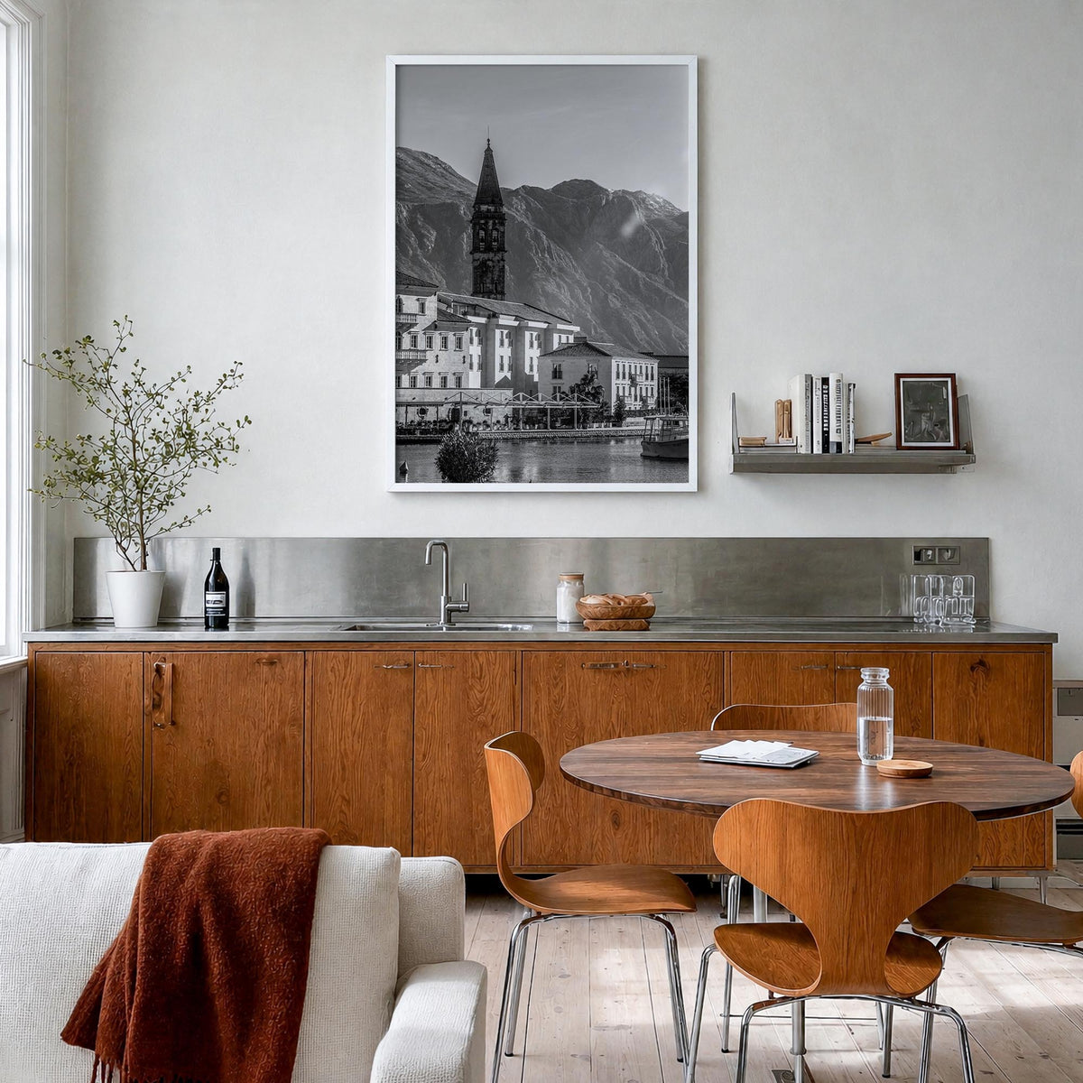 Kotor black & white photo poster of Montenegro – vertical wall art in white wood frame, hanging on wall