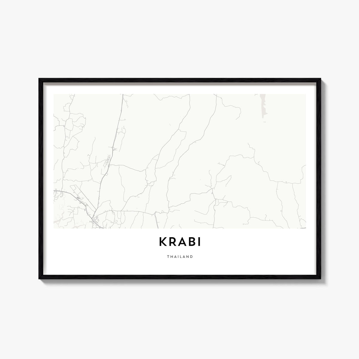 Krabi black & white map poster of Thailand – horizontal wall art, unframed print shown in interior mockup