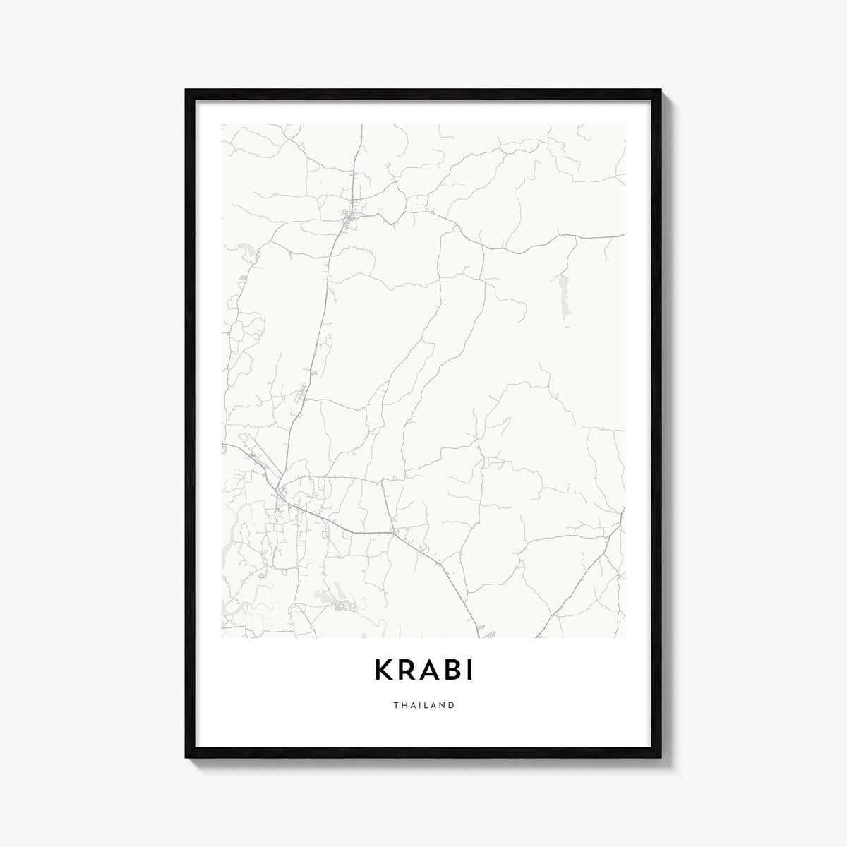 Krabi black & white map poster of Thailand – vertical wall art, unframed print shown in interior mockup