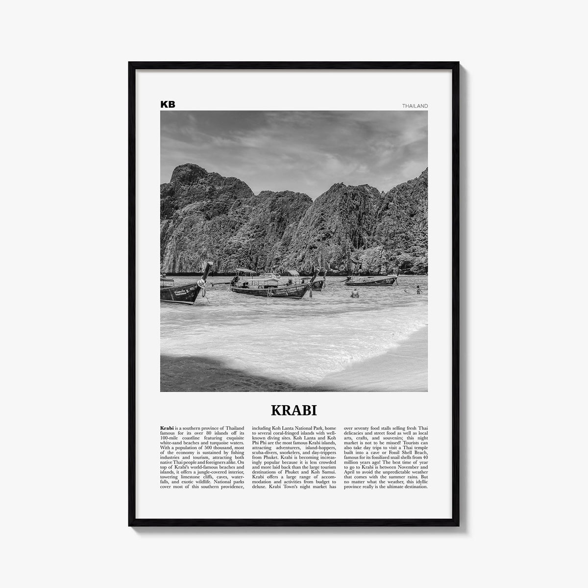 Krabi black & white newspaper poster of Thailand – vertical wall art, unframed print shown in interior mockup