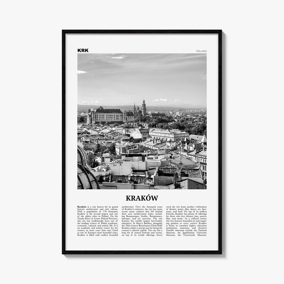 Kraków black & white newspaper poster of Poland – vertical wall art, unframed print shown in interior mockup