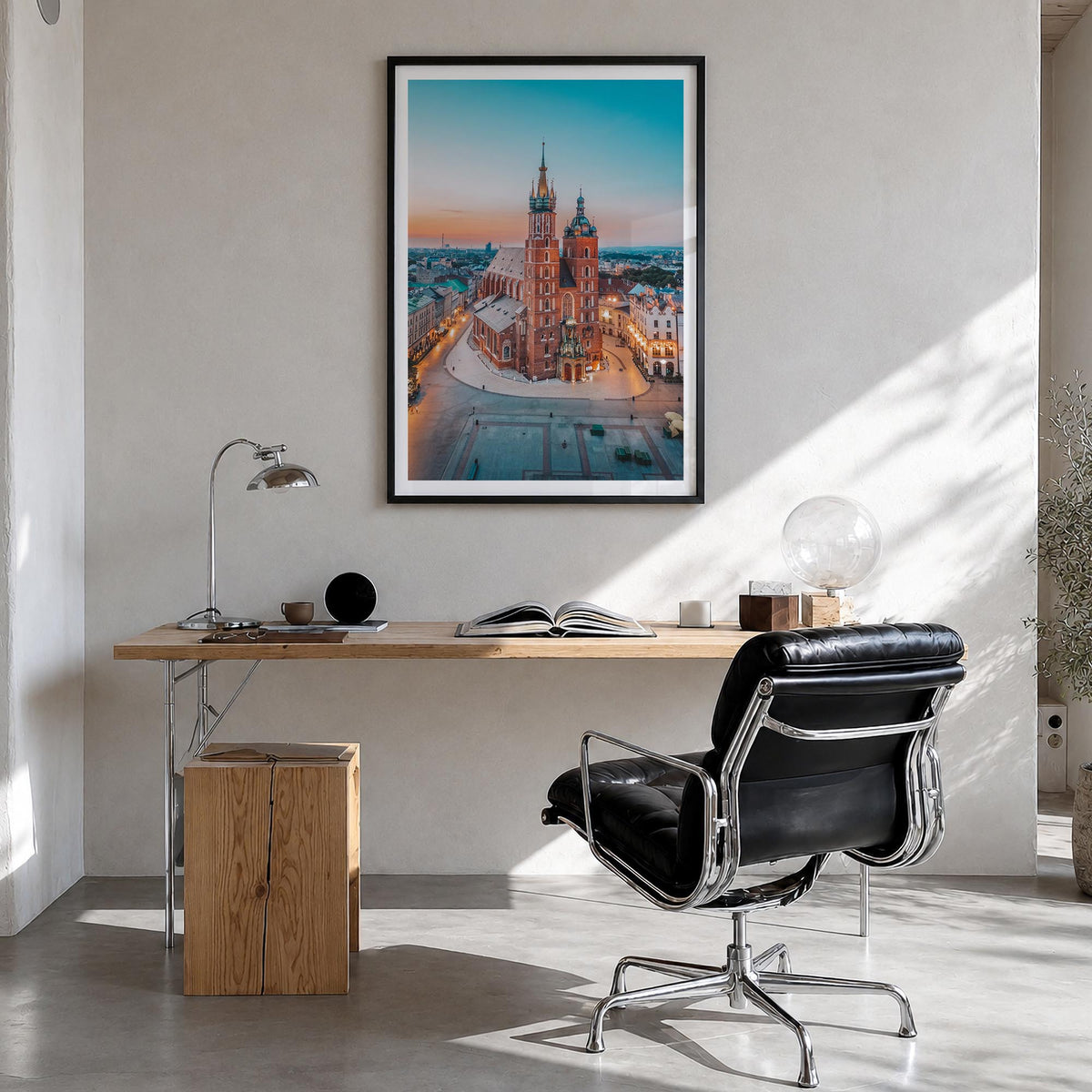 Kraków colorful photo poster of Poland – vertical wall art in black wood frame with white border, hanging on wall