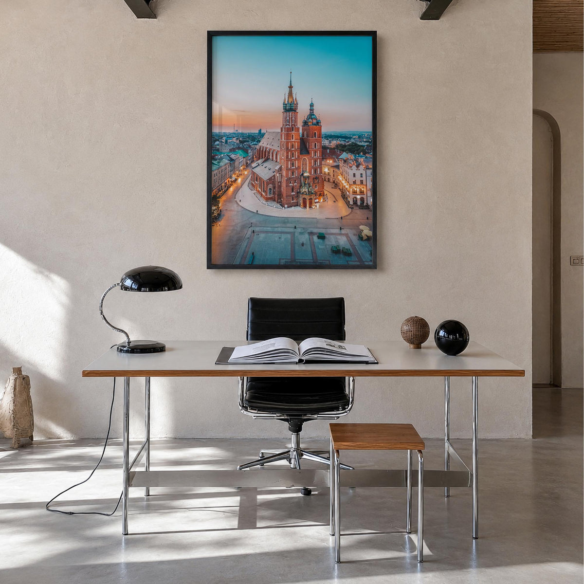 Kraków colorful photo poster of Poland – vertical wall art in black wood frame, hanging on wall
