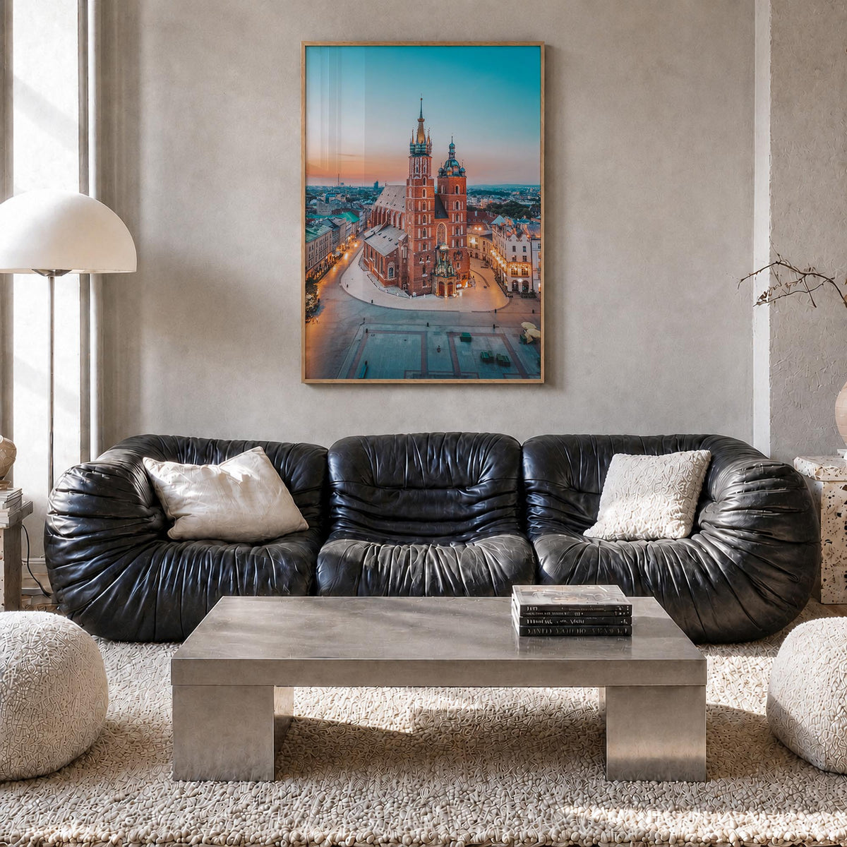 Kraków colorful photo poster of Poland – vertical wall art in natural wood frame, hanging on wall