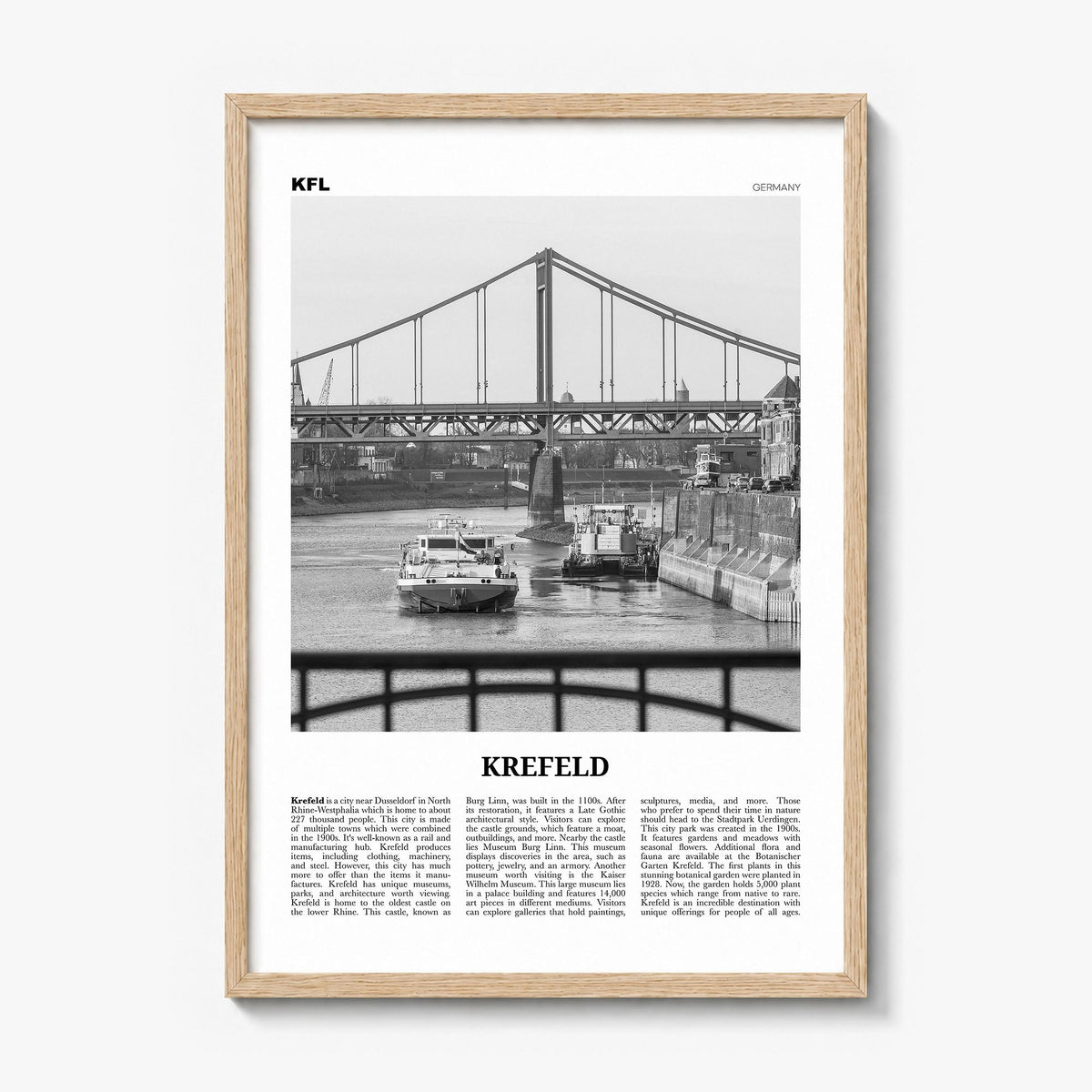Krefeld Newspaper Poster in a natural wood frame