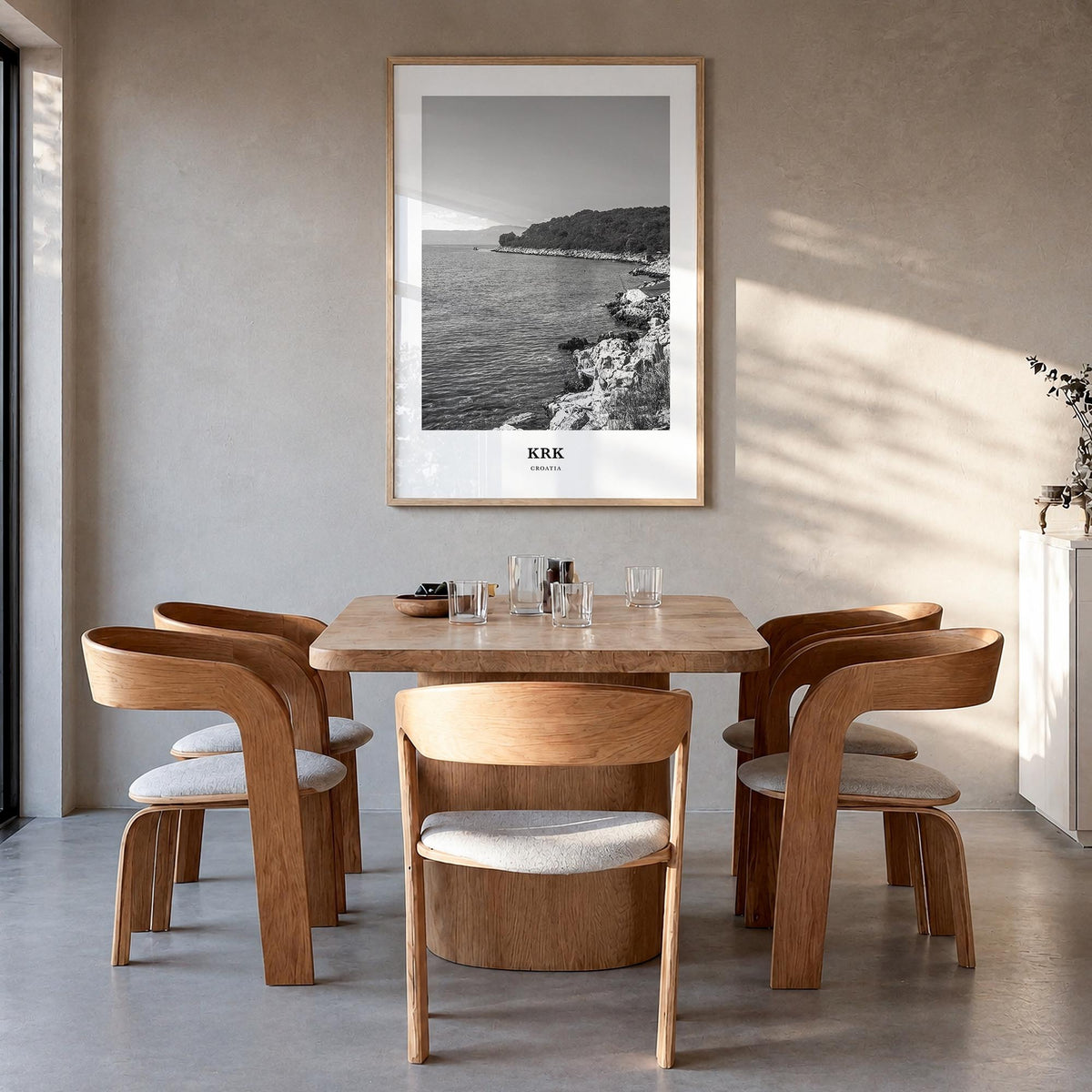 Krk black & white classic poster of Croatia – vertical wall art in natural wood frame, hanging on wall