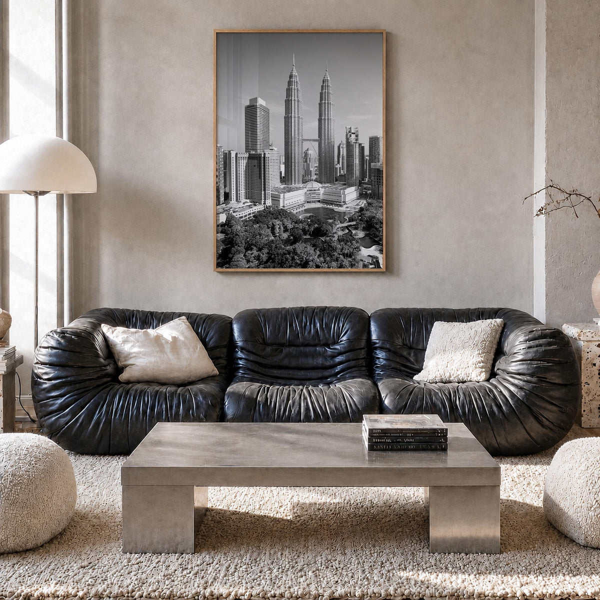 Kuala Lumpur black & white photo poster of Malaysia – vertical wall art in natural wood frame, hanging on wall