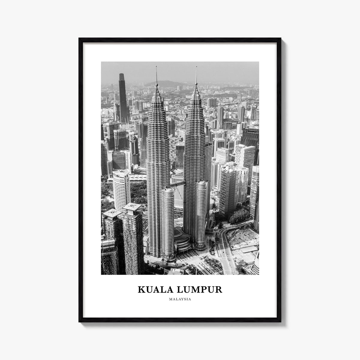 Kuala Lumpur no. 2 black & white classic poster of Malaysia – vertical wall art, unframed print shown in interior mockup