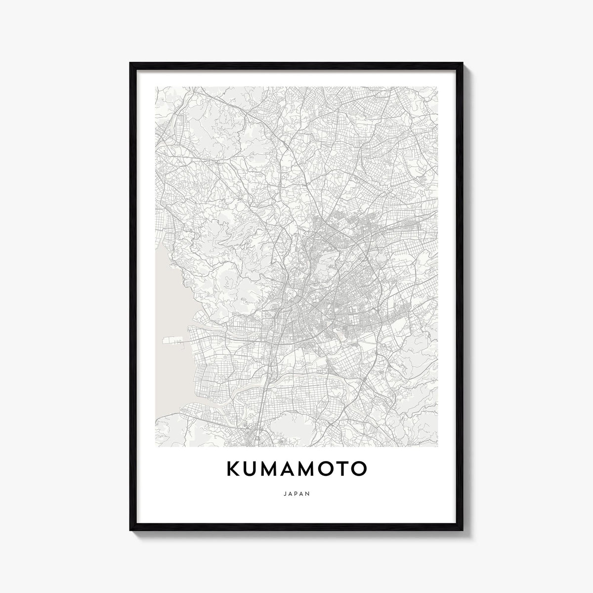 Kumamoto black & white map poster of Japan – vertical wall art, unframed print shown in interior mockup