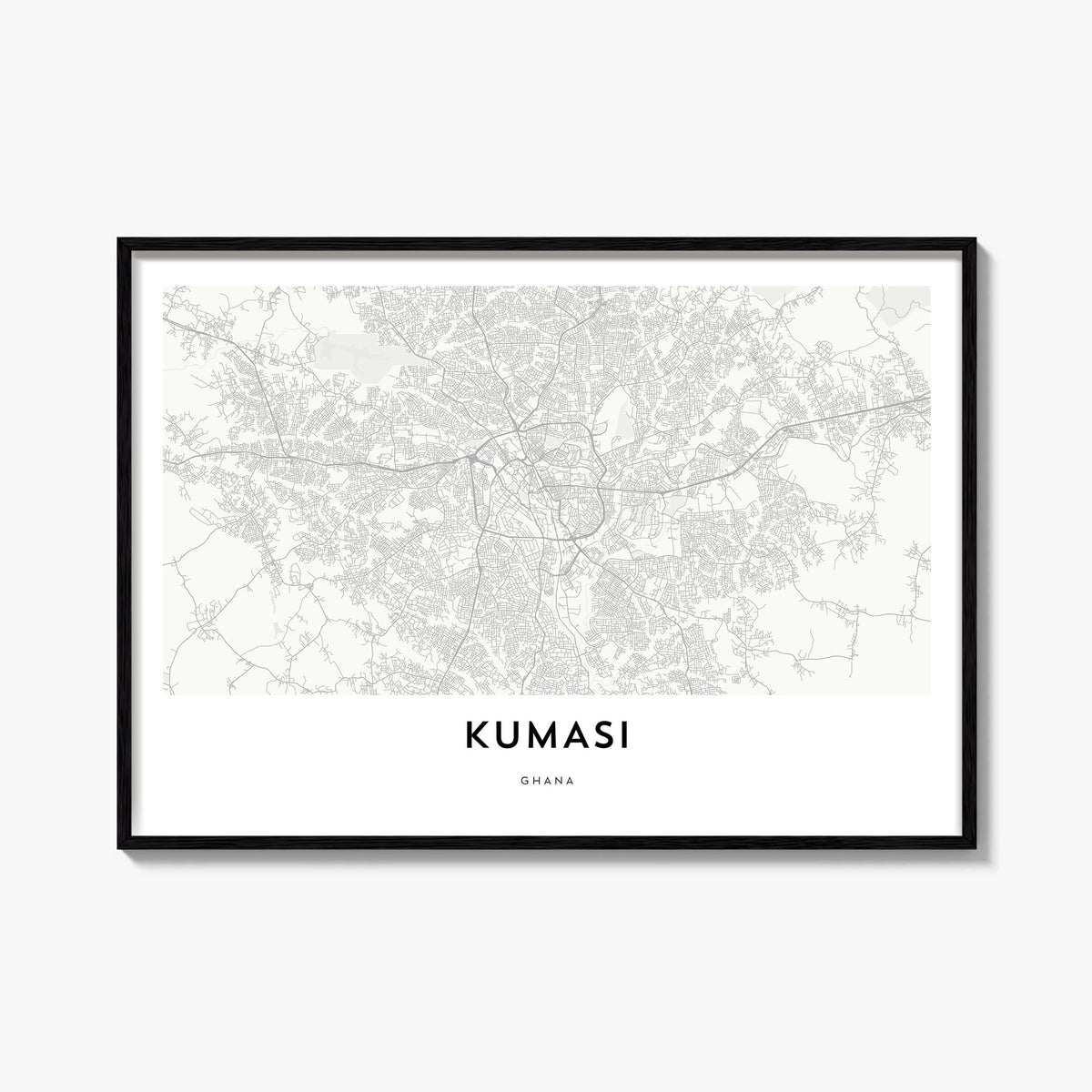 Kumasi black & white map poster of Ghana – horizontal wall art, unframed print shown in interior mockup