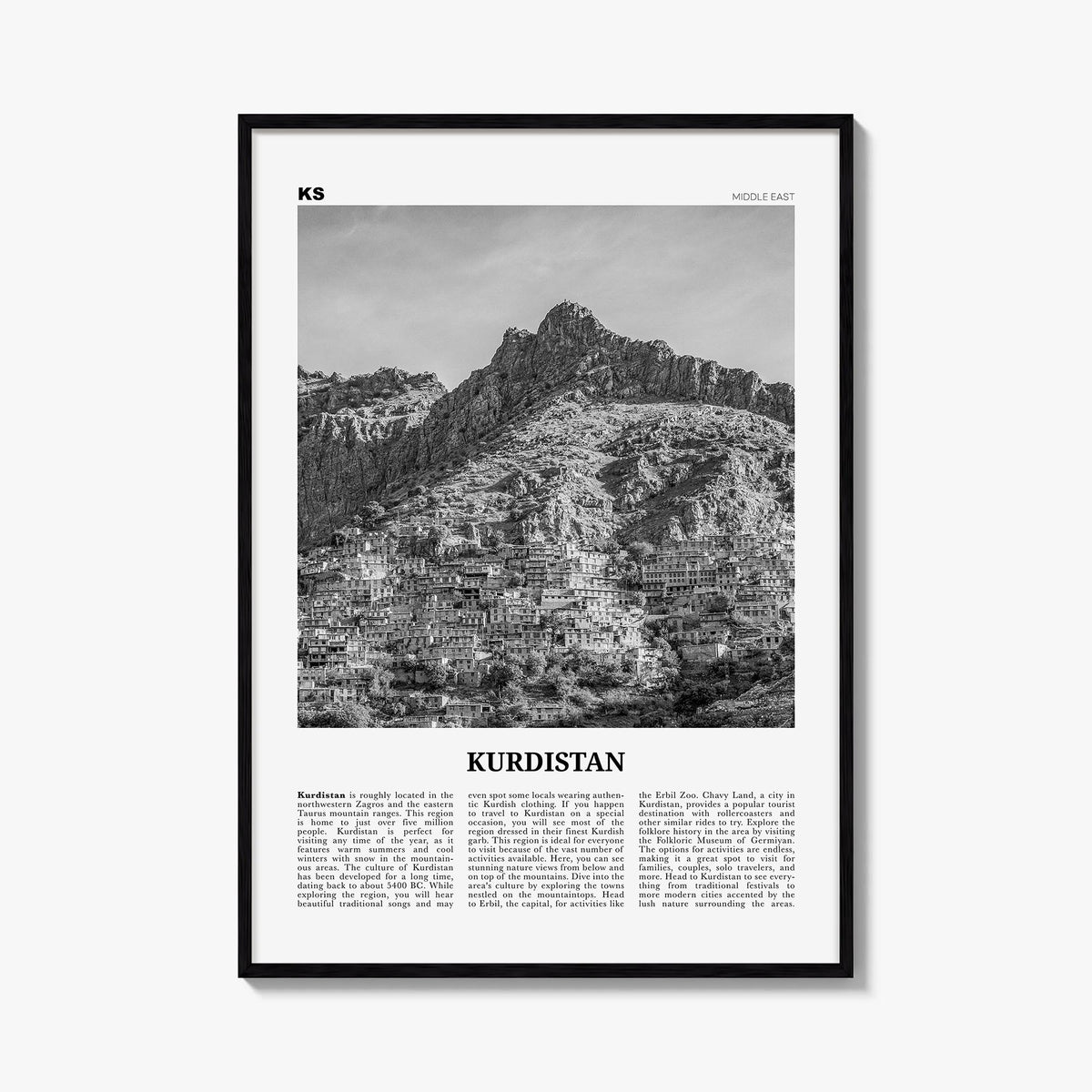 Kurdistan black & white newspaper poster of Middle East – vertical wall art, unframed print shown in interior mockup