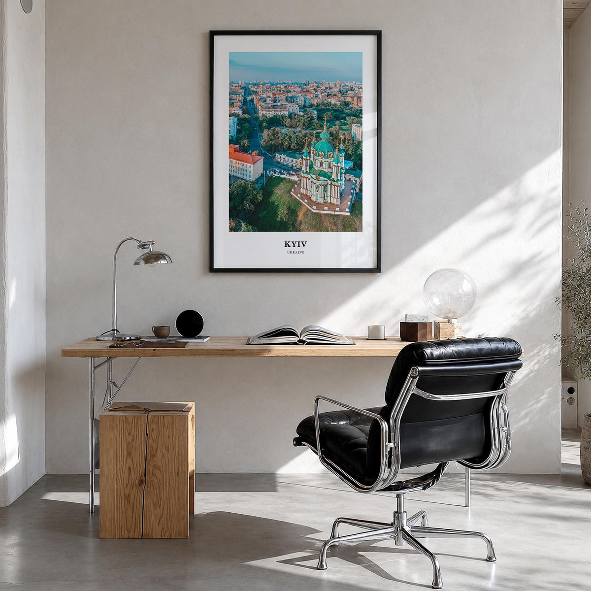 Kyiv colorful classic poster of Ukraine – vertical wall art in black wood frame, hanging on wall