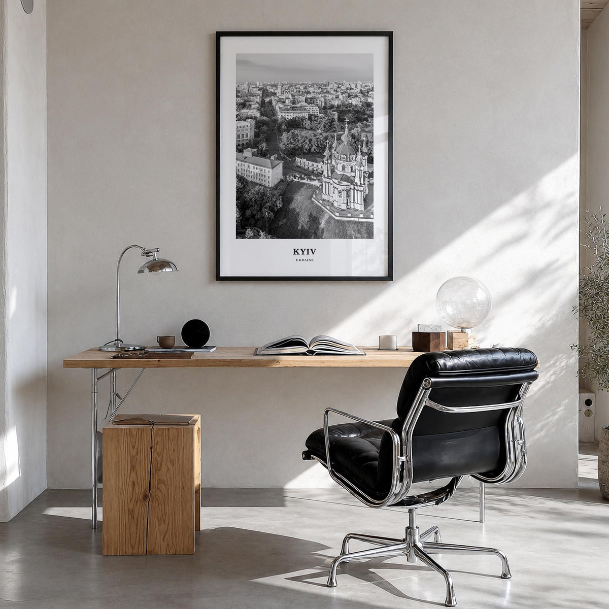 Kyiv no. 3 black & white classic poster of Ukraine – vertical wall art in black wood frame, hanging on wall