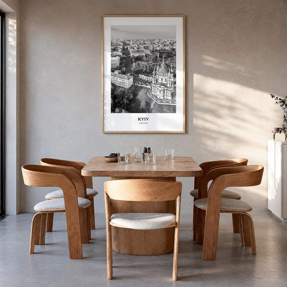 Kyiv no. 3 black & white classic poster of Ukraine – vertical wall art in natural wood frame, hanging on wall