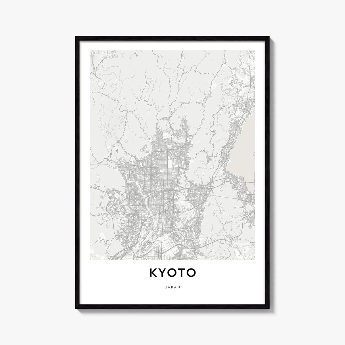 Kyoto black & white map poster of Japan – vertical wall art, unframed print shown in interior mockup